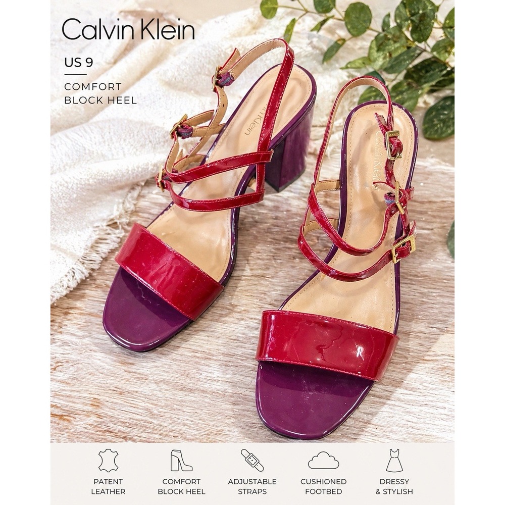 Calvin Klein‎ Block Heel Sandals Womens 9 Burgundy Red Patent Strappy